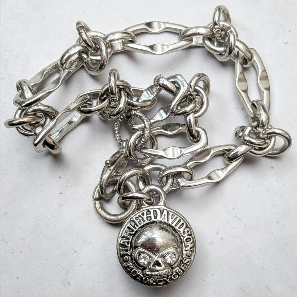HARLEY DAVIDSON Willie G Rhinestone Skull Charm Bracelet Stainless Knot Chain